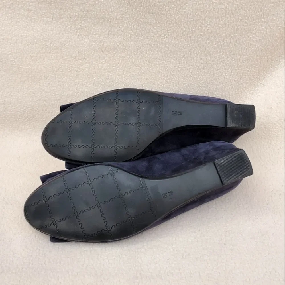 Vaneli blue suede wedges with attached ribbon buckle
